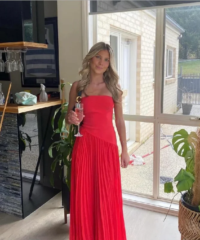 Red Strapless A-Line Pleated Simple Long Party Dress, DP2631 Tunics Summer linen