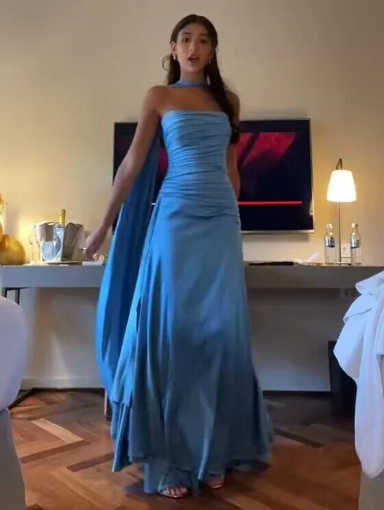 Elegant Strapless A-Line Blue Simple Long Party Dress, DP2449 Tunics Luxurious high-end