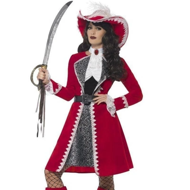 Lady Captain Authentic Deluxe Adult Red Pirate Costume Dress Jacket Neck Tie Boot Covers Zip Front Button Front Snap Front