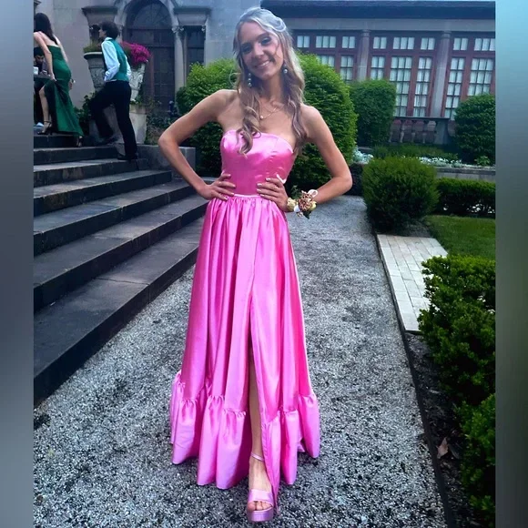 Pink Strapless A-Line Satin Long Party Dress with Slit,DP1873 Tunics Cozy soft
