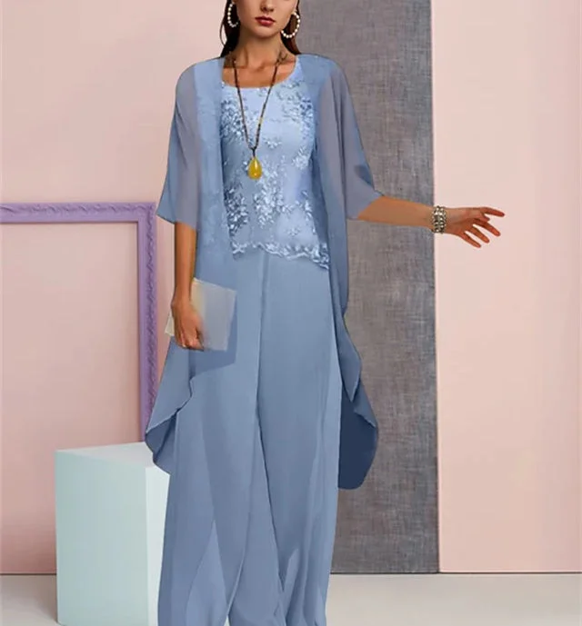 Chiffon Mother of the Bride Pantsuits with Jacket Appliqued Jacket Beaded Jacket Sequined Jacket