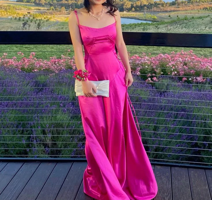 Hot Pink A-Line Satin Spaghetti Straps Long Party Dress,DP1948 Tunics Formal black