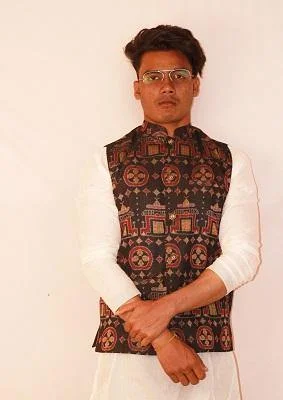 Sambalpuri Designer Gents Half Jacket in Black, Yellow & Maroon Color Nylon Fabric Polyester Fabric Spandex Fabric