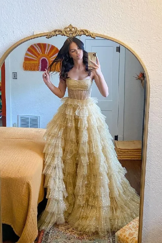 Shiny Strapless A-Line Tulle Tiered Long Prom Dress Evening Party Dress, DP3148 Halter Neckline Beach