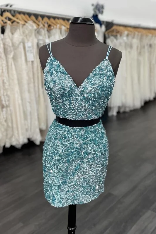 Two Piece Blue Sequins Tight Homecoming Dresses,Sparkly Cocktail Party Dress Tunics Plaid country
