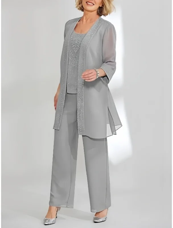 Chiffon Scoop Ankle-Length Mother of the Bride Pantsuits with Jacket Elasticated Jacket Padded Jacket Insulated Jacket