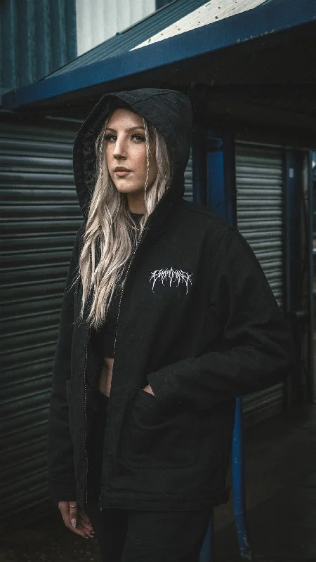 Metal Logo Hooded Canvas Jacket Black Print Jacket Jacquard Jacket Patchwork Jacket
