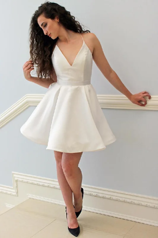 V-neckline Simple Ivory Little Party Dress Cheap vestido de fiesta Halter Neckline Beach