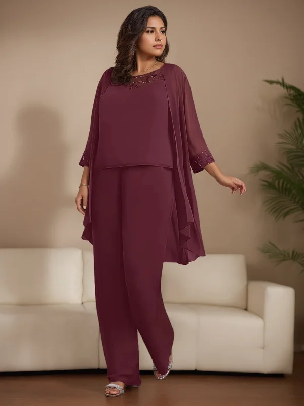 Chiffon 3 Pieces Scoop Neck 3/4 Length Sleeves Floor-Length Plus Size Mother Of The Bride Pantsuits With Jacket, Lace, Beaded & Sequins Faux Fur Jacket Real Fur Jacket Shearling Jacket