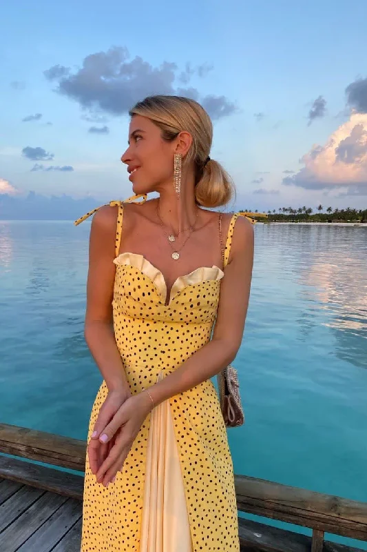 Yellow Spaghetti Straps A-Line Party Dress with Slit,DP1799 Turtleneck Warm Winter