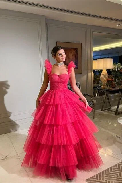 Fuchsia Tiered Ruffles Tulle A-Line Long Party Dress, DP2012 empire Waist empire