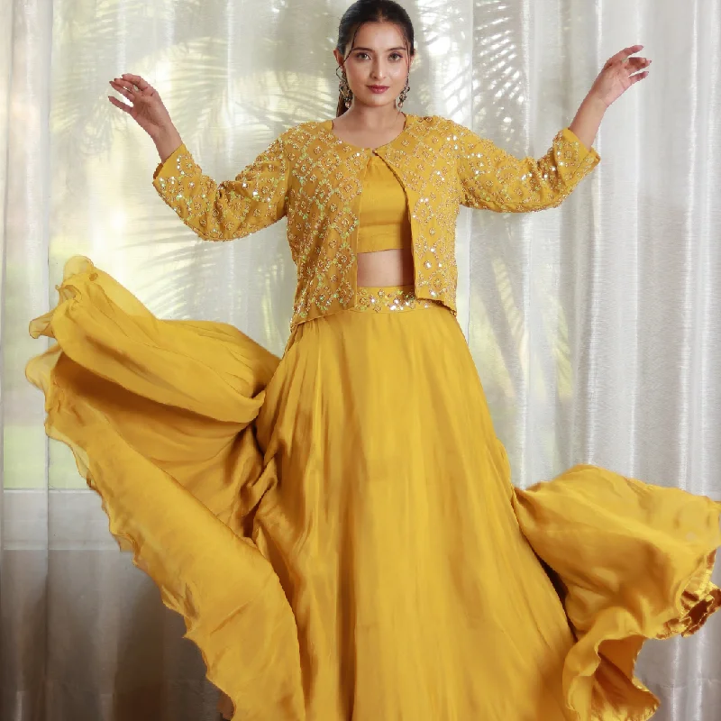 Mustard Yellow Embroidered Jacket Lehenga Set Chenille Fabric Brocade Fabric Lace Fabric