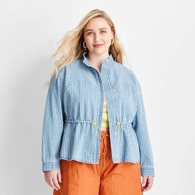 Women's Peplum Denim Jacket - Future Collective with Gabriella Karefa-Johnson Medium Wash Striped XL Quilted Jacket Puffer Jacket Insulated Jacket