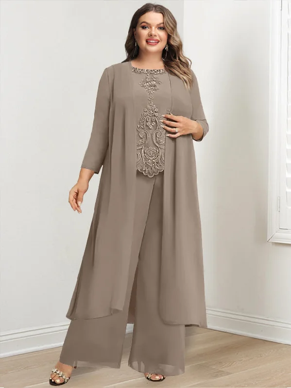 Chiffon Round Neck Floor-Length Plus Size Mother Of The Bride Pantsuits With Jacket & Applique Hooded Jacket Caped Jacket Shawl Collar Jacket