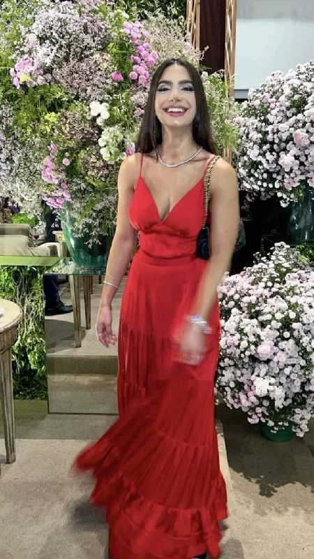Charming Red Spaghetti Straps A-Line Satin Long Party Dress, DP3549 Tunics Occasion special