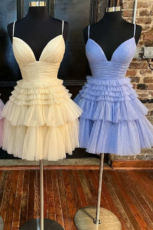 A-Line V-Neck Multi-Tiered Short Party Dress,Light Pink Cocktail Dresses Short Tunics Long Elegant