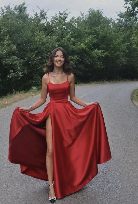 Red Spaghetti Straps A-Line Long Party Dress with Slit, DP1996 Boat Neckline Classic
