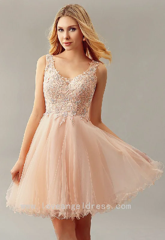 Beaded Appliqued Tulle Blush Homecoming Gown Short Party Dress Peplum Ruffle Cocktail