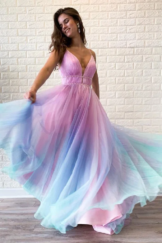 Chic V Neck Spaghetti Straps A-Line Long Party Dress, DP2161 Tunics Party sparkling