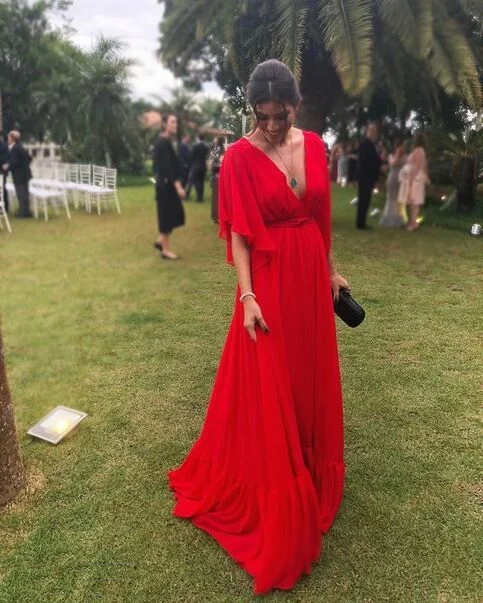 Elegant V Neck Half Sleeves A-Line Long Party Dress Wedding Guest Dress,DP1872 Tunics Practical easy-care