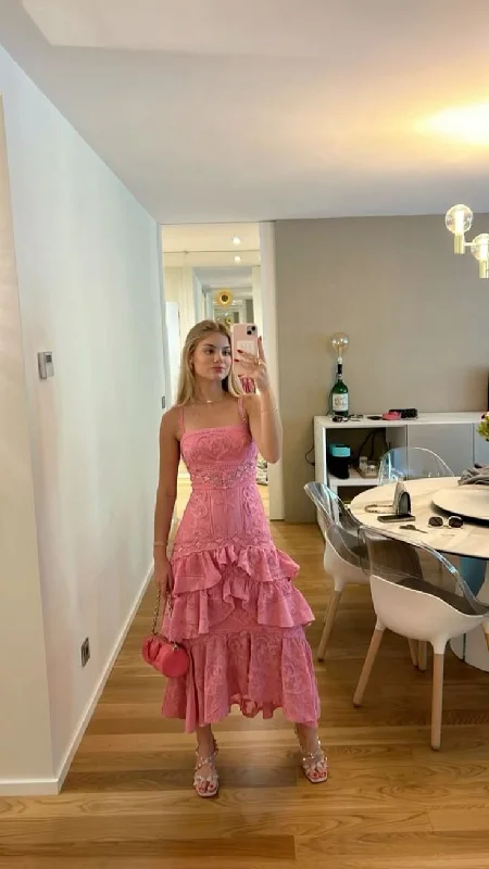 Lovely Pink Straps A-Line Lace Layers Long Party Dress Birthday Outfits, DP3548 Tunics Seasonal trendy