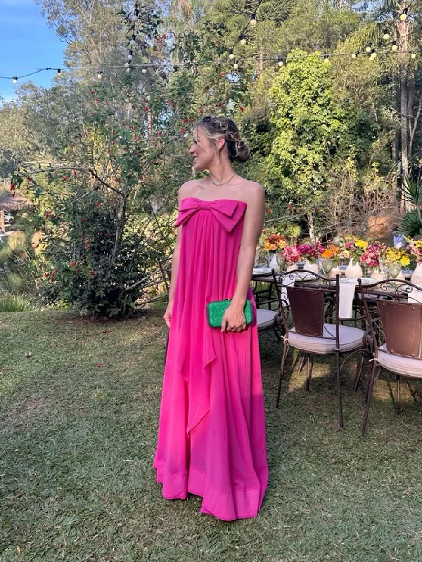 Hot Pink Strapless A-Line Cute Bowknot Long Party Dress Wedding Guest Dress, DP3443 Tunics Top rated