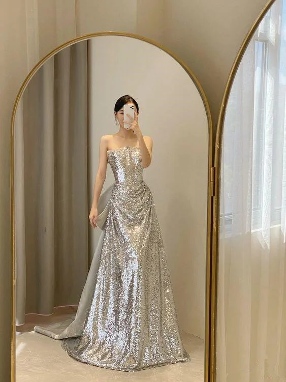 Sliver Sequined Strapless A-Line Long Party Dress Birthday Dress, DP2943 Tunics Mesh breathable