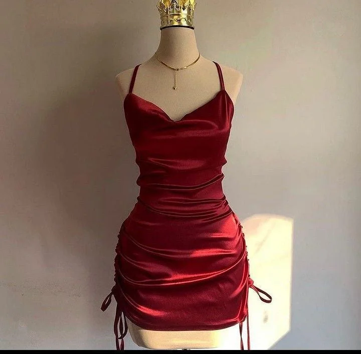 Wine Red Straps Sheath Satin Short Party Dress Homecoming Dress, MD7875 Tunics Sale discount