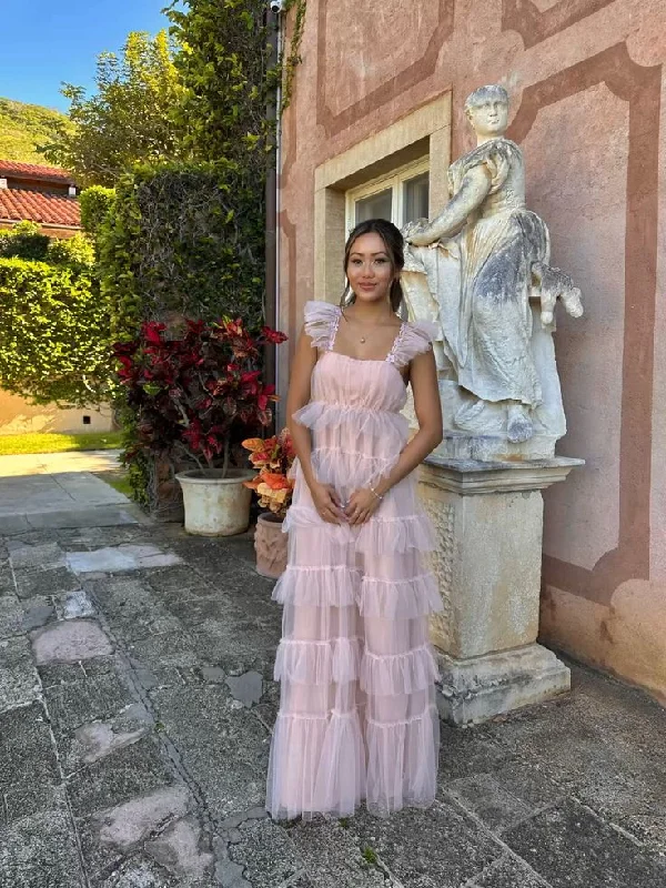 Pink Straps A-Line Tulle Tiered Long Party Dress, DP2054 Tunics Luxurious high-end