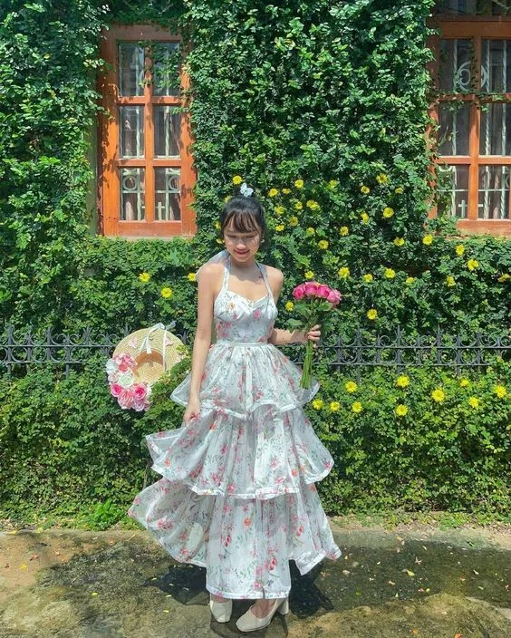 Floral A-Line Halter Layered Long Party Dress Birthday Outfit,DP1849 Bodycon Fitted Nightout