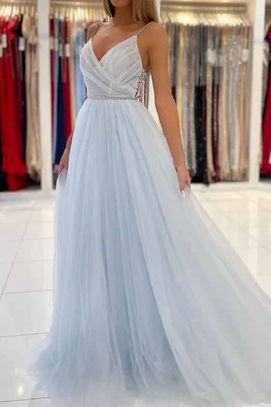 Pleated V Neck Light Blue Tulle Party Dress Rhinestones A Line Prom Dress PD2863 Tunics Polka dots