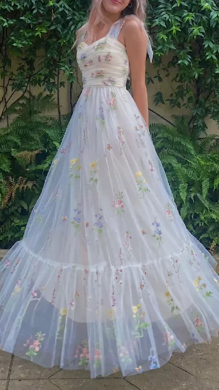 White A-Line Straps Floral Embroidery Long Party Dress,DP1900 Tunics Fashionable trendy