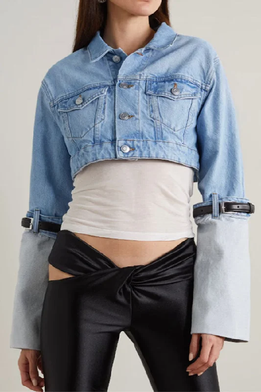 storexq Patchwork Belt Design Stylish Denim Jacket Welt Pockets Slit Pockets Flap Pockets