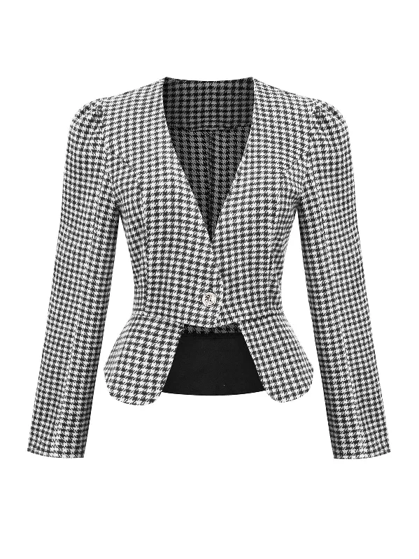 Black 1940s Retro Plaid Button Fitted Blazer Women's Party Jacket