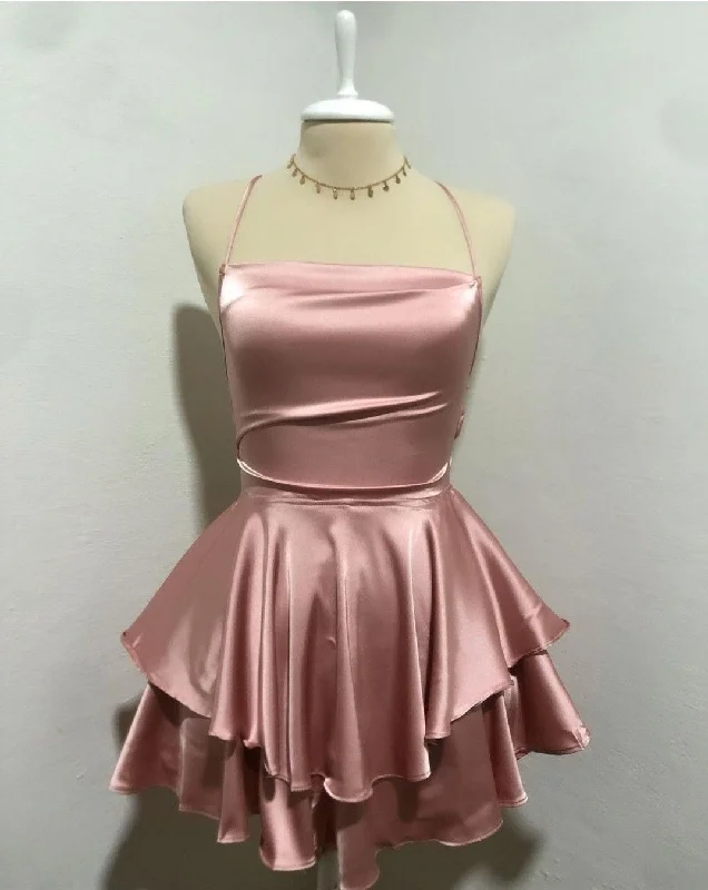 Lovely Pink Straps A-Line Satin Short Party Dress Homecoming Dress MD7466 Tunics Fashionable trendy