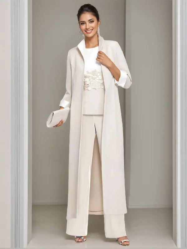 3 Pieces Square-Neck Ankle Length Mother of the Bride Pantsuits with Jacket & Appliques Lace Fitted Jacket Loose Jacket Oversized Jacket