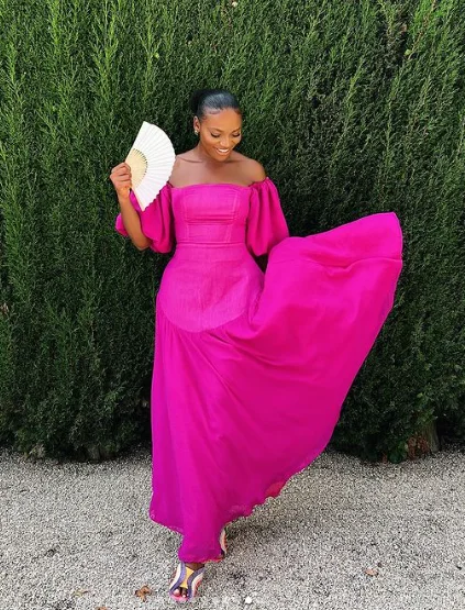 Fuchsia Puffy Sleeves A-Line Chiffon Long Party Dress,DP1923 Tunics Chic fashionable