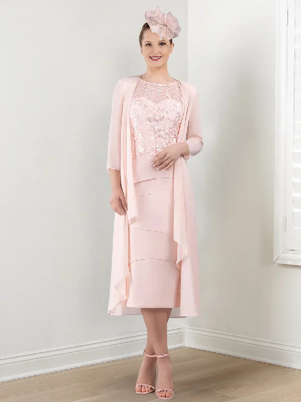 Sheath/Column Round Neck Mother of the Bride Dresses with Applique & Jacket Striped Jacket Polka Dot Jacket Floral Jacket