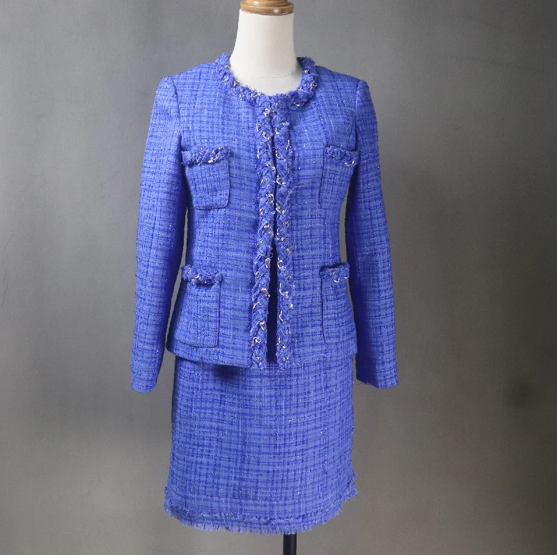 Women Custom Made Tweed Jacket + Any Length Dress Formal Suit in  Royal Blue / Purple 5 colors for Wedding, Valentine's, Personalised Gift Ribbed Jacket Pleated Jacket Ruffled Jacket