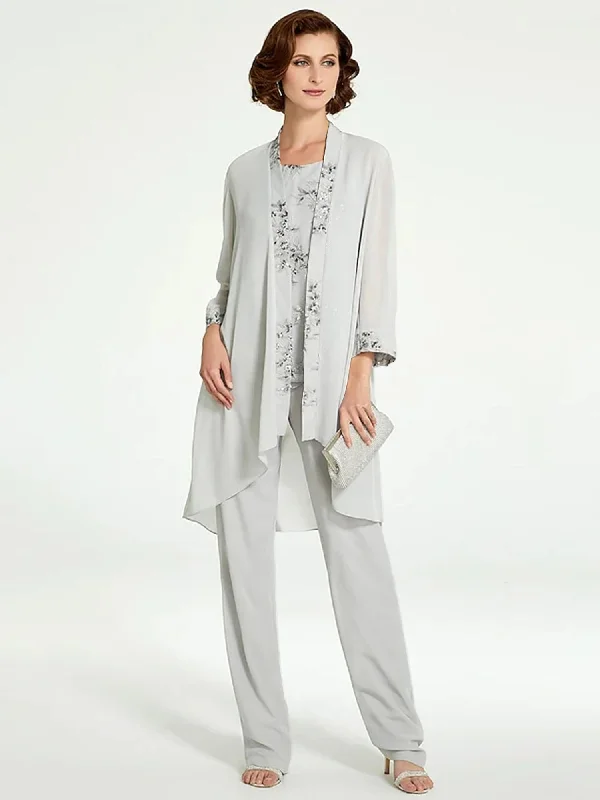 Chiffon Round Neck Floor-Length Mother of the Bride Pantsuits with Jacket Faux Fur Jacket Real Fur Jacket Shearling Jacket