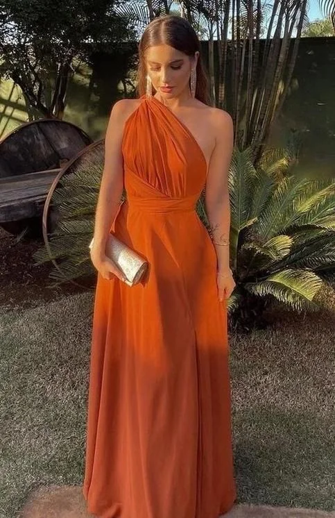 Orange One Shoulder A-Line Modest Long Party Dress, DP3389 Tunics Trendy modern