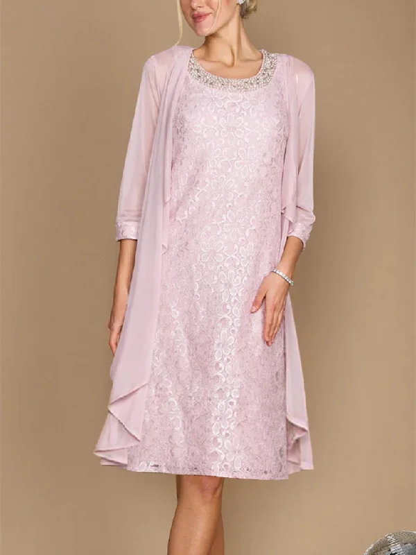 Sheath/Column Scoop Half Sleeves Knee-Length Mother of the Bride Dresses With Jacket & Embroidery Rayon Fabric Velvet Fabric Corduroy Fabric