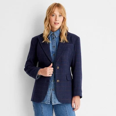 Future Collective With Reese Women's Button Up Wool Check Blazer Jacket Preppy Stand-Up Collar Roll-Neck Collar Turtle Neck