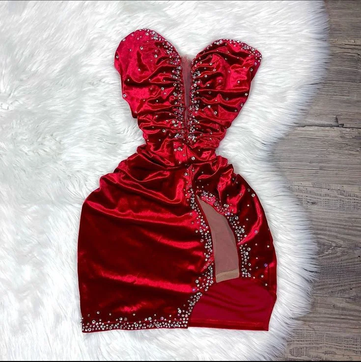 Wine Red Sweetheart Beads Velvet Short Party Dress Homecoming Dress, MD7879 Tunics Handmade artisanal