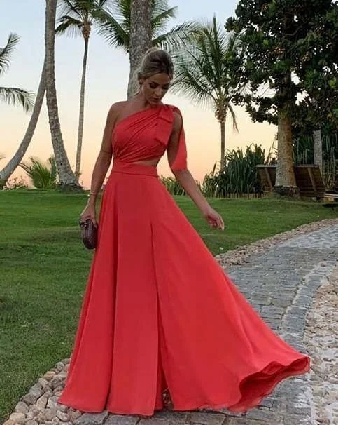 Elegant One Shoulder A-Line Long Party Dress Wedding Guest Dress, DP2980 Tunics Short Trendy
