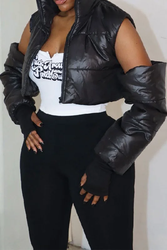 storexq Solid Color Cold Shoulder Punk Cotton-padded Jacket Cardigan Sweater Pullover