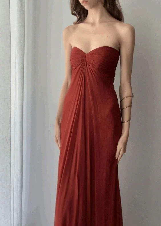 Rust Red Strapless A-Line Simple Long Party Dress Fashion Summer Dress, DP2867 Tunics Denim casual