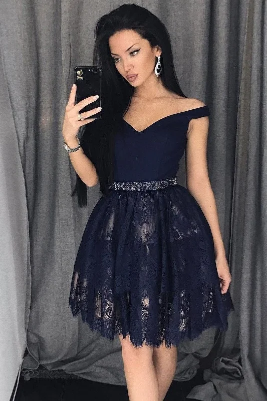 Navy Blue Lace Homecoming Party Dress Short Off-the-shoulder Neckline Tunics Stylish elegant
