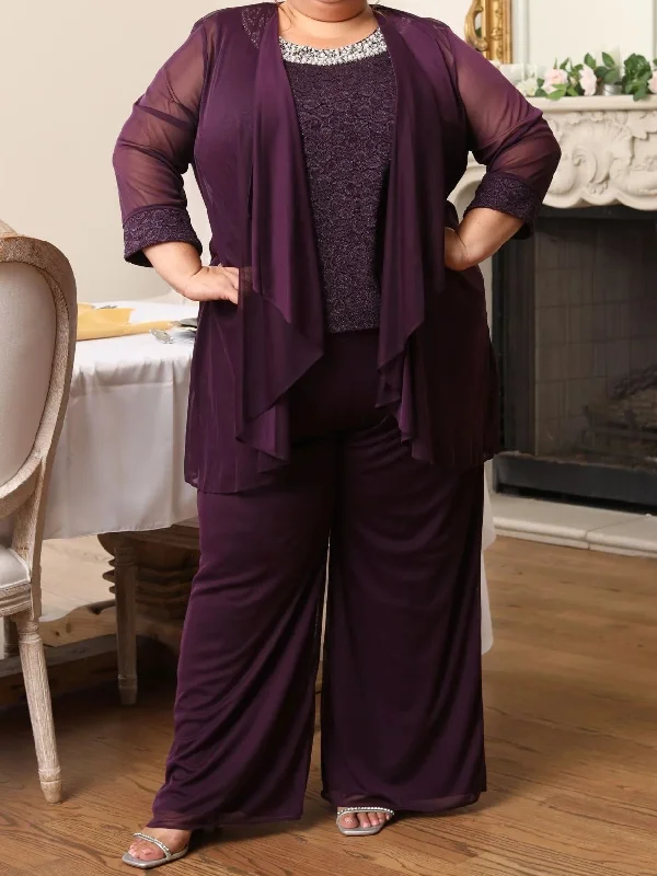 Polyester 3 Pieces Round Neck 3/4 Length Sleeves Plus Size Mother of the Bride Dresses with Jacket Bomber Jacket Anorak Windbreaker