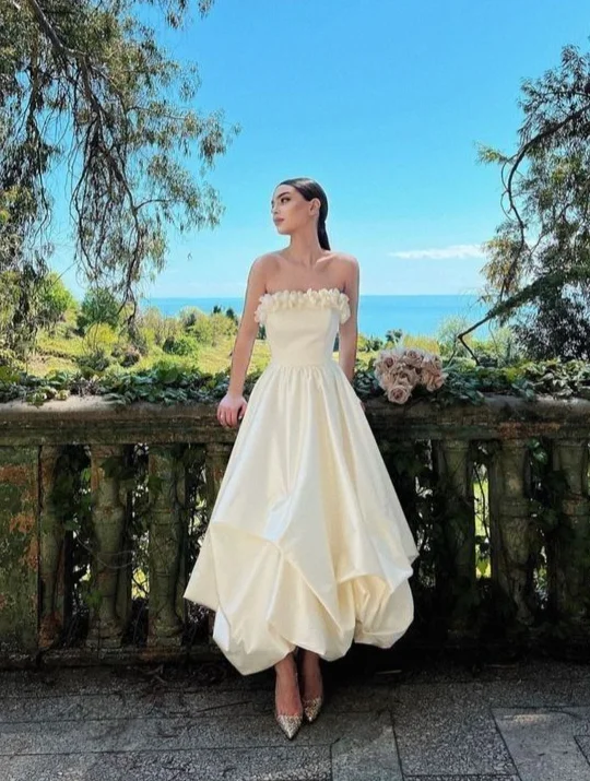 White Strapless A-Line Long Party Dress Evening Gown,DP1800 Crew Neckline Casual